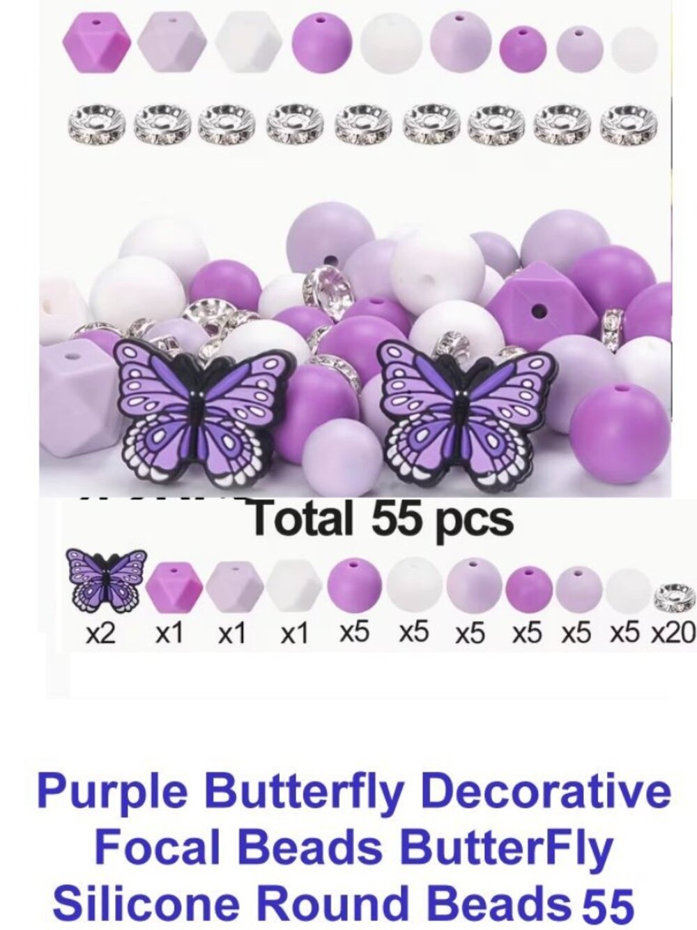 55pcs Butterfly Series Mixed Silicone Loose Beads 3D Silicone Beads